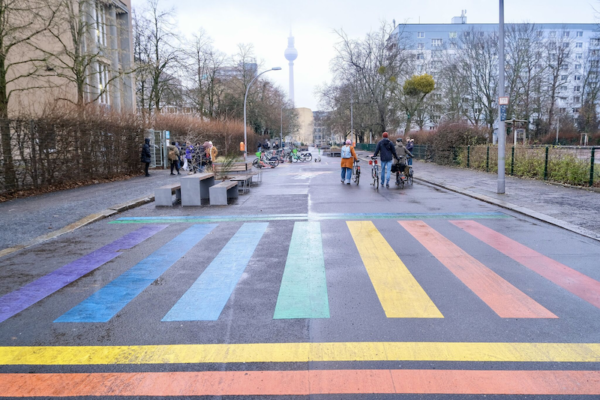 A rainbow pedestrian crossing